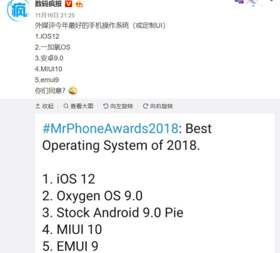 外媒评选年度最好用系统：iOS夺冠 氧OS次之 MIUI10力压EMUI9