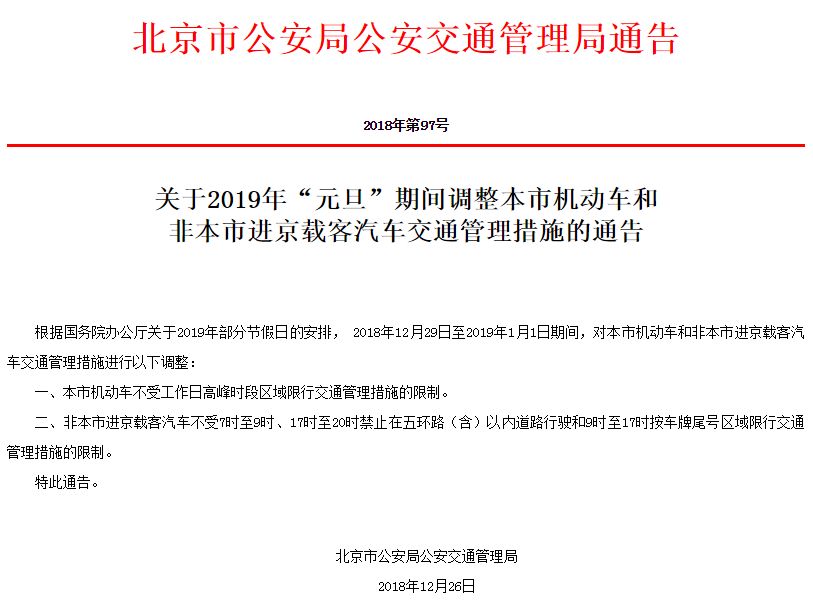 连续四天不限行 1月7日限行尾号轮换