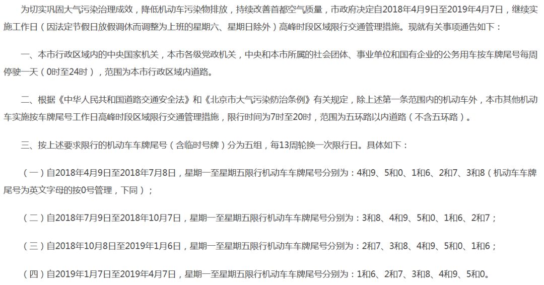 连续四天不限行 1月7日限行尾号轮换