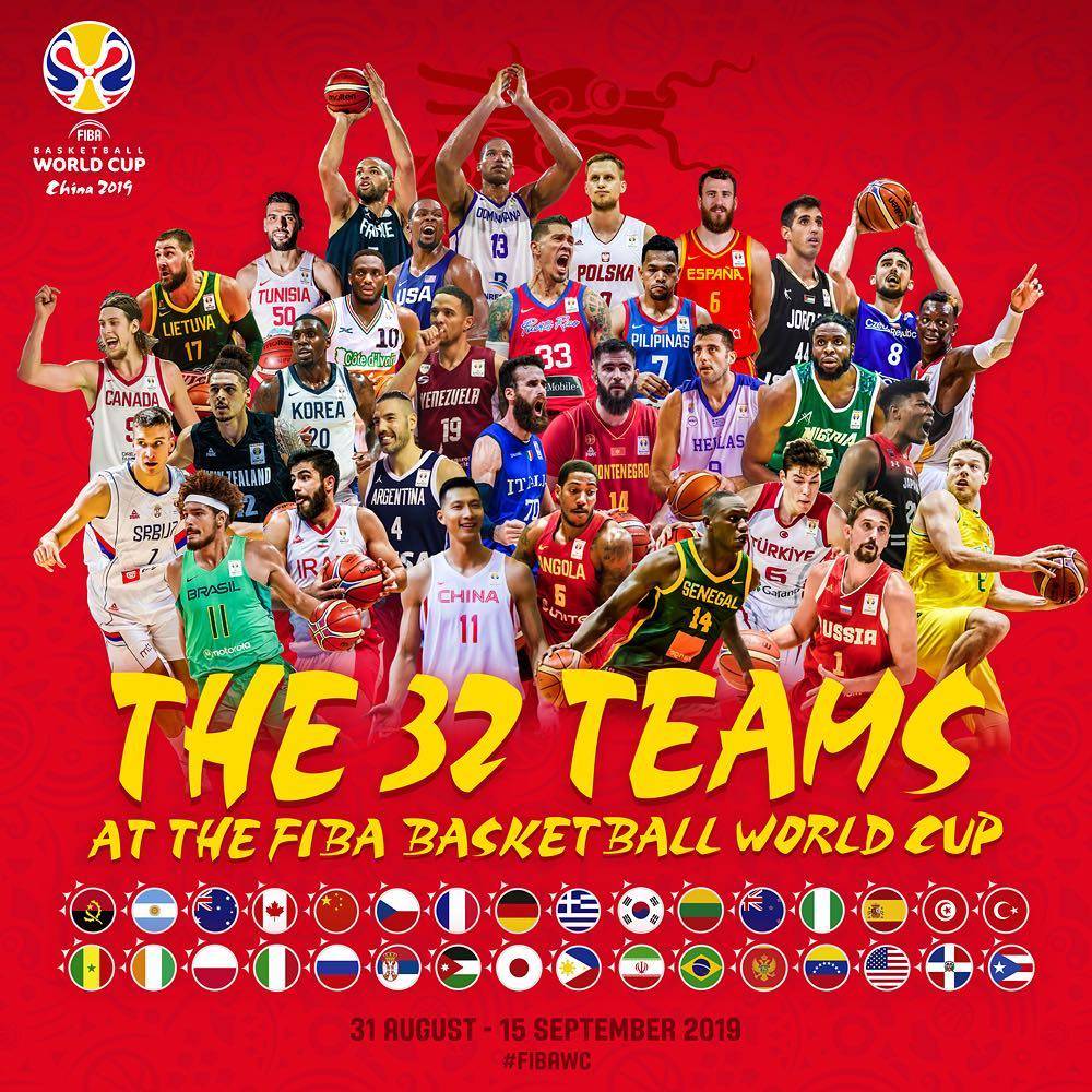 2019男篮世界杯共有多少队（FIBA官方发布世界杯32队集结图：中国男篮易建联C位）