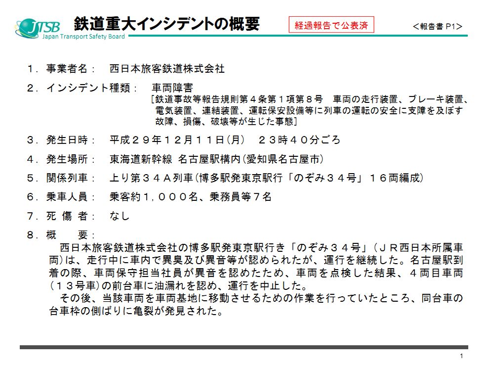 JR西日本新干线转向架开裂问题调查报告出炉(附原版说明资料PPT)