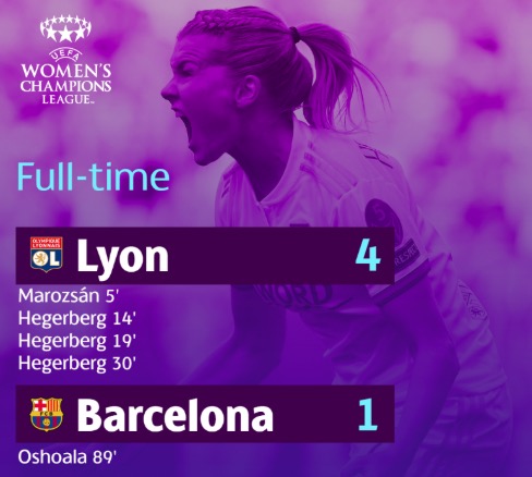 里昂4-1巴萨夺女子欧冠，戴帽前锋生涯进球多于出场数