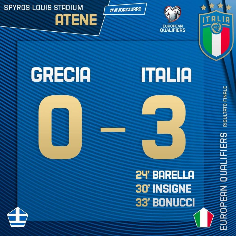 欧预赛-因西涅建功博努奇破门 意大利3-0希腊取三连胜