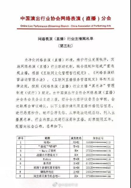 网络主播黑名单,网络主播黑名单第一批名单