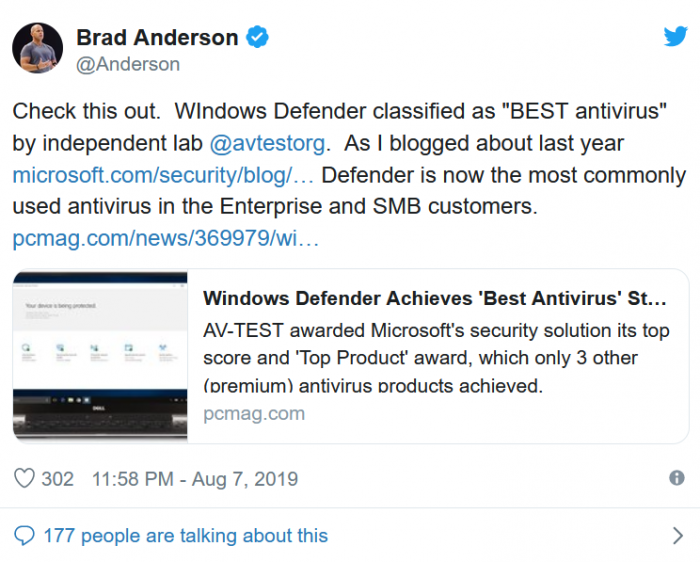 AV-Test报告称微软Windows Defender是相当优秀的消费级反病毒软件