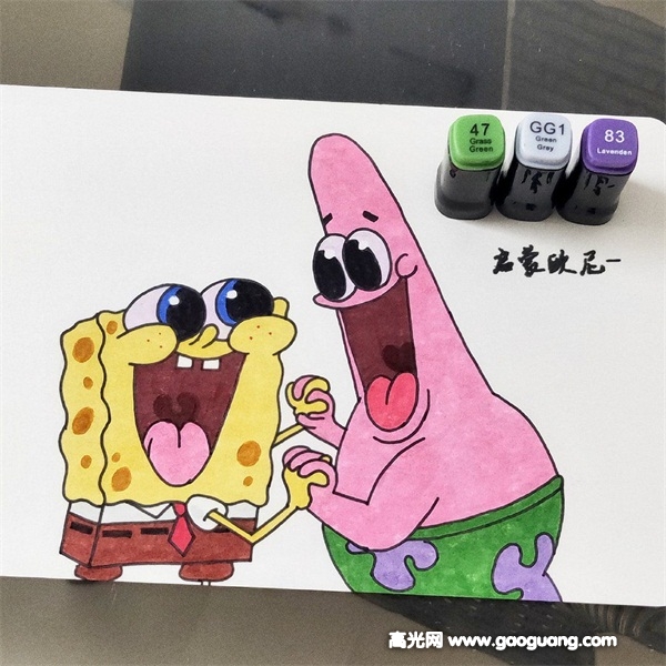 马克笔手绘海绵宝宝，马克笔手绘海绵宝宝简笔画上色教程