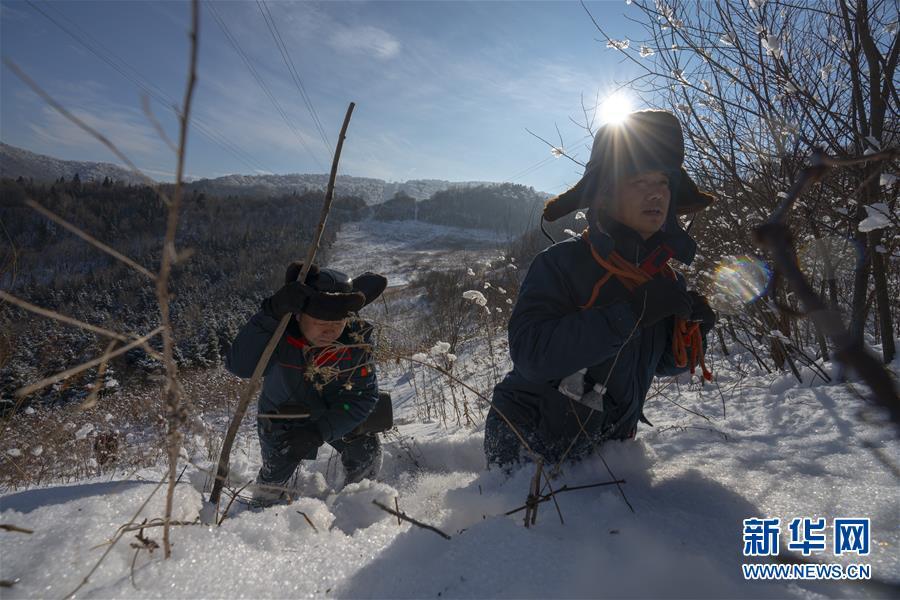 走向雪山深处的巡线工人