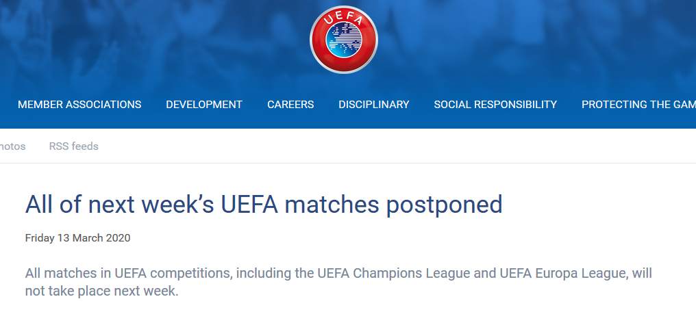 欧冠决赛和欧联杯决赛推迟(官方：欧冠、欧联杯全部比赛推迟进行)