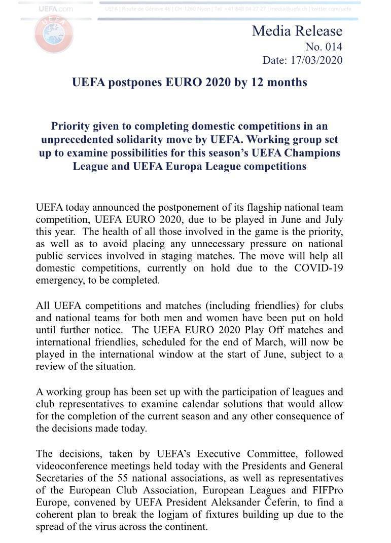 欧足联官方：欧洲杯推迟至2021年6月