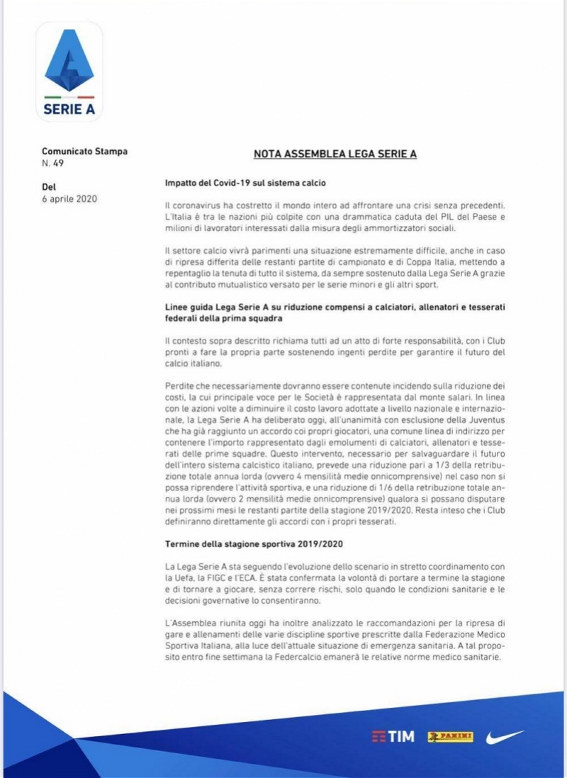 意甲宣布降薪意味着什么（意甲发布减薪令：若本赛季无法完成，球员将降薪三分之一）-趣拿体育