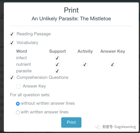 从幼儿园到高中的英语有声阅读题库，有答案、能打印，还能在线布置作业
