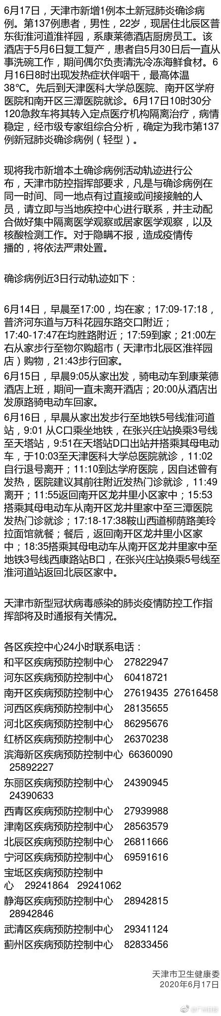 天津新增1例本土确诊系餐厅帮厨(天津新增1例本土确诊系餐厅帮厨 发病前14天无外出史)