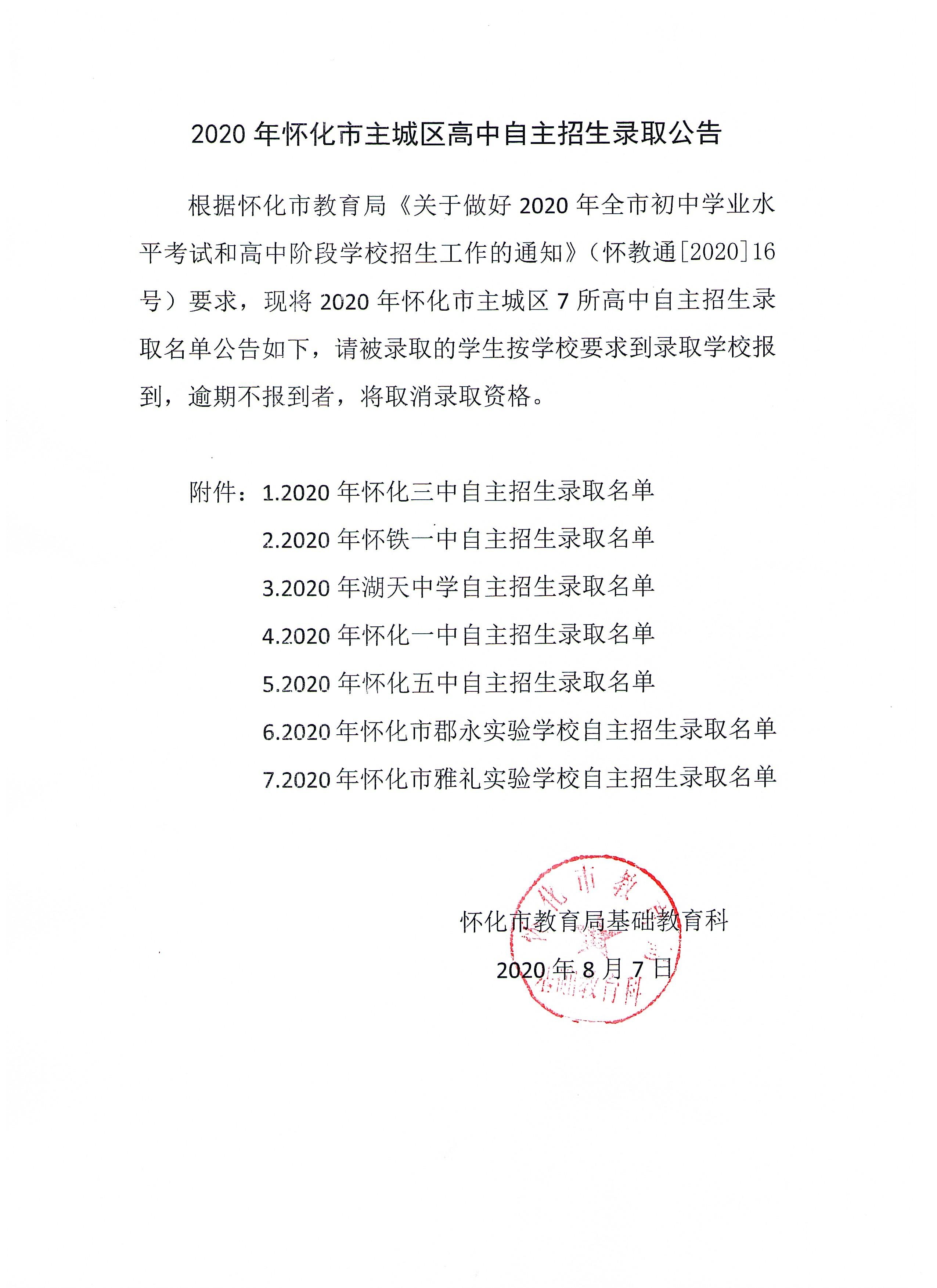 2020年怀化市主城区高中自主招生录取公告