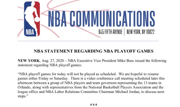 NBA官方声明：今日比赛延期，希望周六或周日恢复