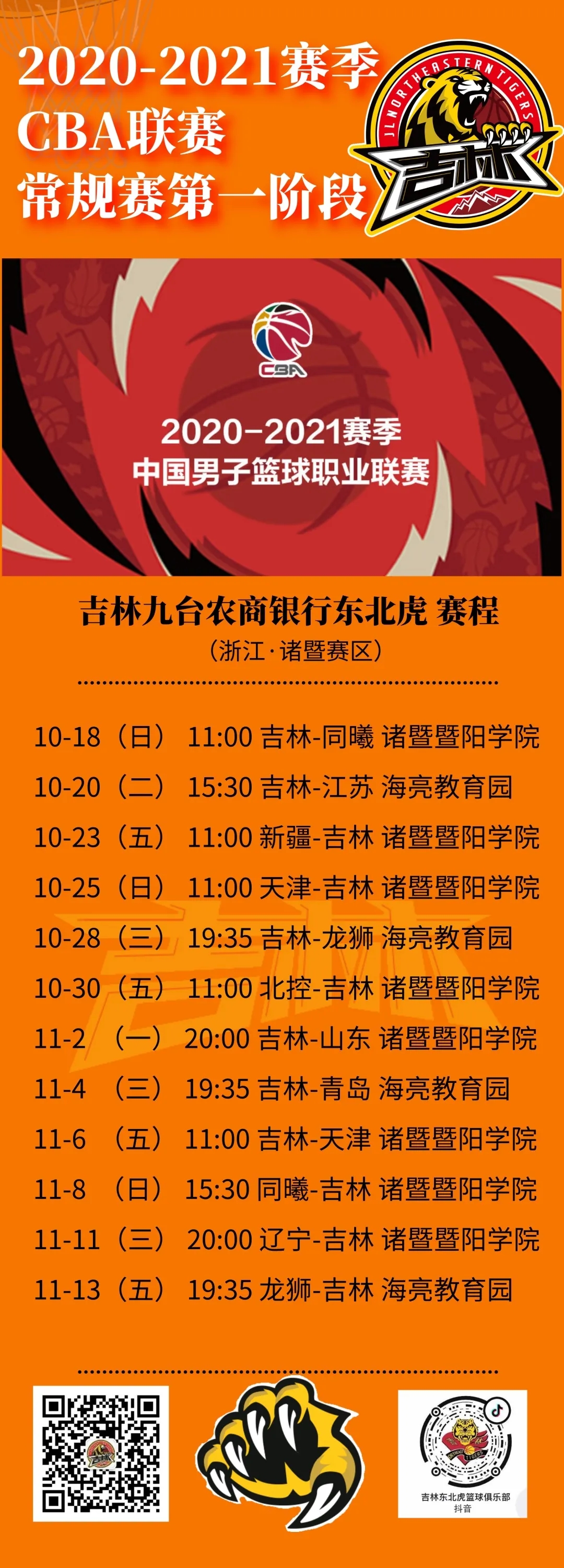 2019八一队赛程（CBA常规赛10月17日开赛 吉林东北虎赛程来了）