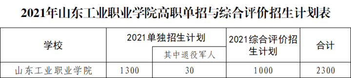 定了！2021年山东工业职业学院单招综评计划招2300人