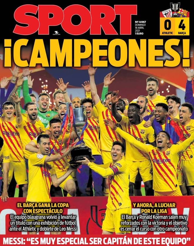 西甲今日头版：巴萨第31次国王杯夺冠 马德里双雄争夺联赛榜首