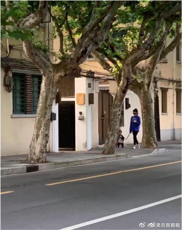 奚梦瑶挺孕肚街头牵绳遛娃，只顾低头看手机，大儿子蹦蹦跳跳超可爱