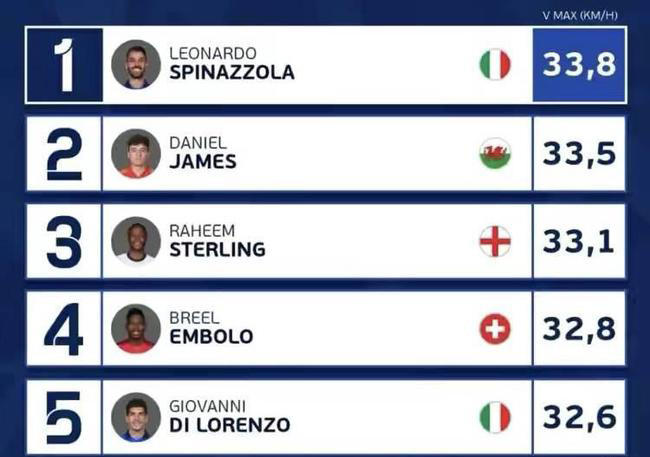 斯皮纳佐拉33.8公里小时居首(本届欧洲杯，西班牙、德国球员最能跑，意大利球员速度最快？)