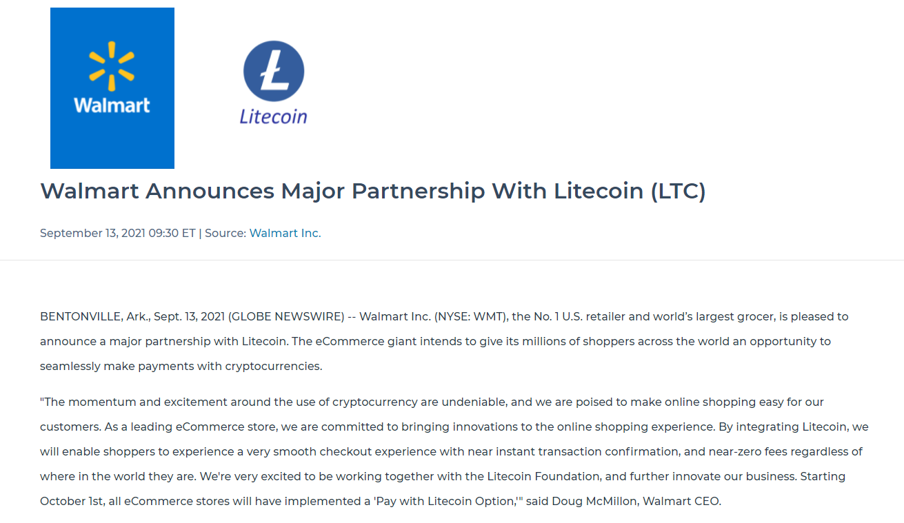 沃尔玛宣布与莱特币合作？官方回应：假消息