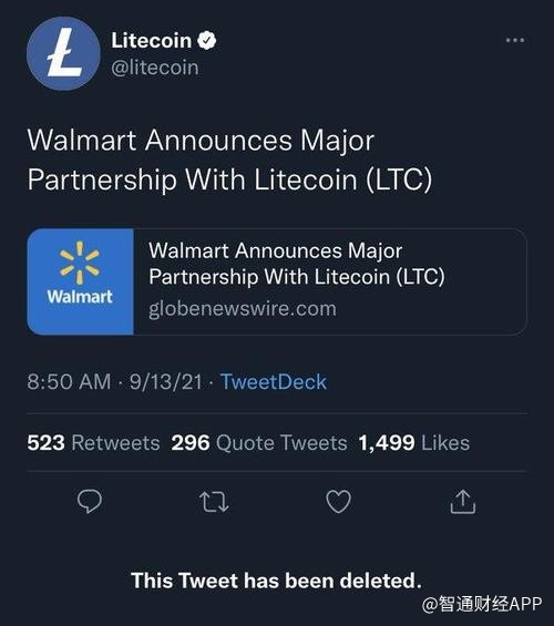 加密货币骗局再现？沃尔玛(WMT.US)与莱特币合作新闻稿造假，后者暴涨近30%后转跌