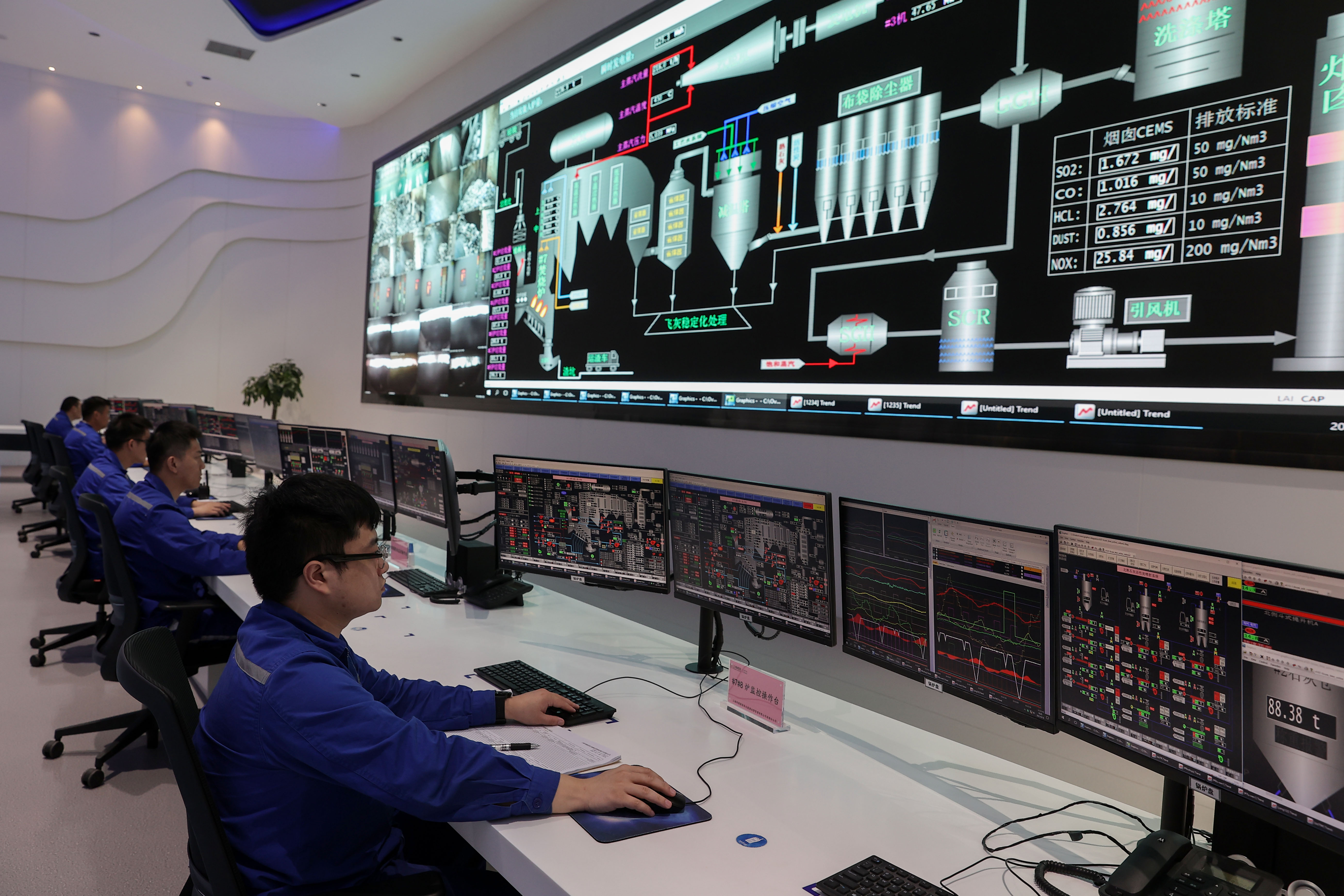 在老港再生能源利用中心二期的三楼,透过中央控制室的玻璃窗,就能看到