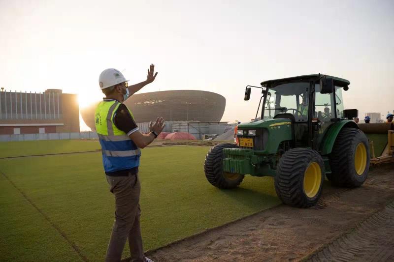 世界杯草坪铺地毯视频(2022世界杯决赛球场完成草坪铺设 基建工程已完成99%)