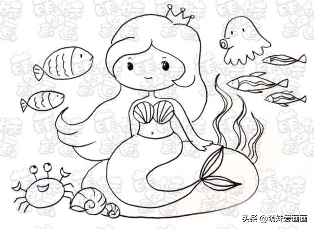 童话故事简笔画 神秘海底世界里的美人鱼公主,涂上漂亮的颜色吧