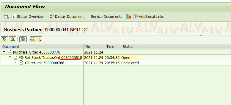 SAP 公司间退货STO的交货单PGI报错 - PO4500000773 does not contain