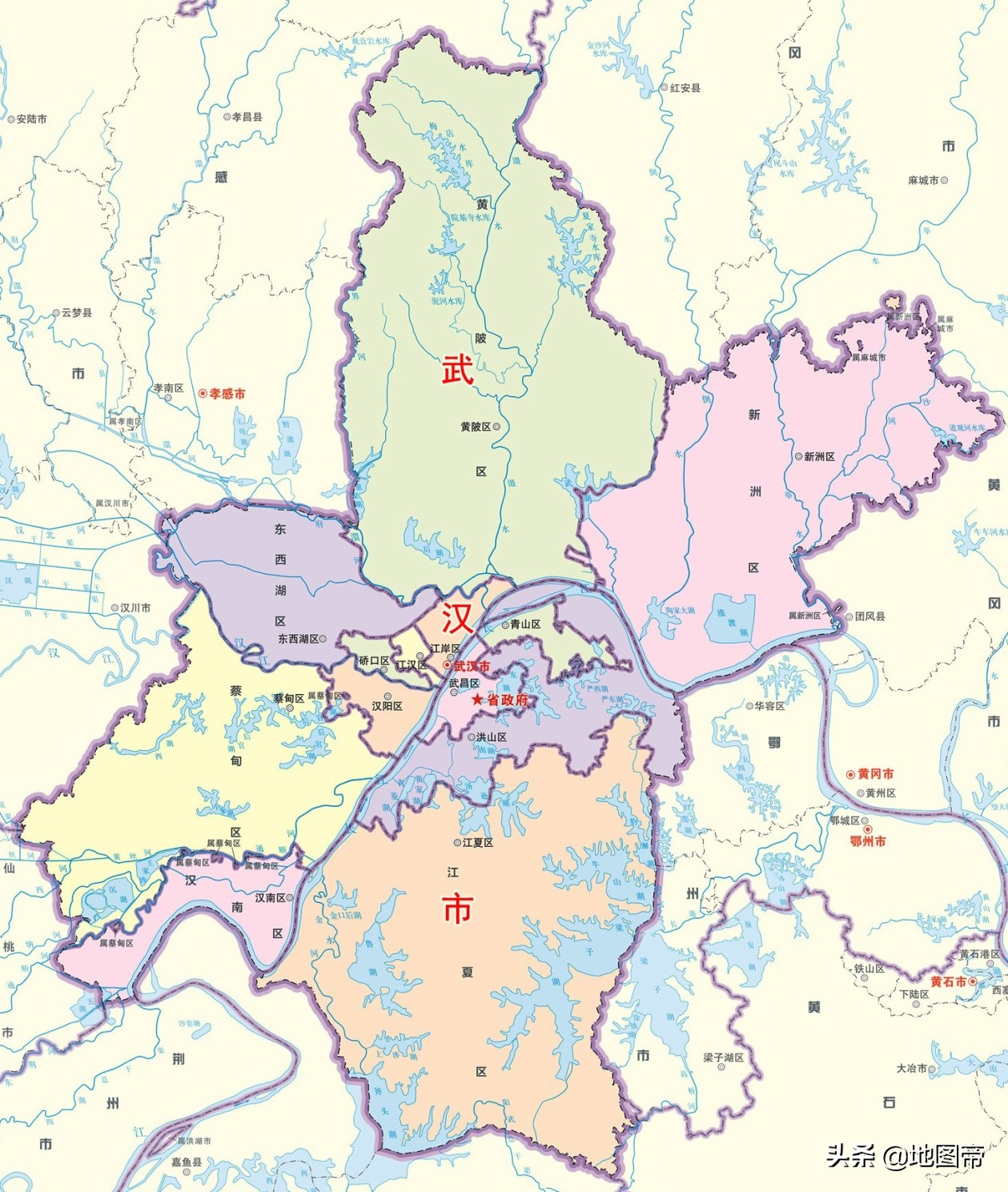 目前武汉下辖13个市辖区,即江岸区,江汉区,硚口区,汉阳区,武昌区,青山