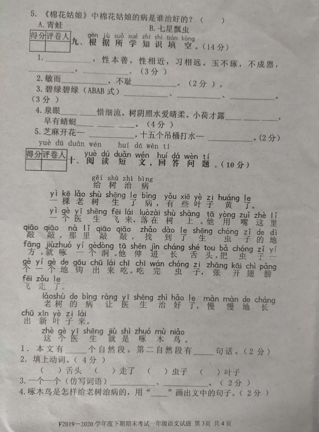 小学语文一年级，期末考试题不难，看图写话有“正能量”