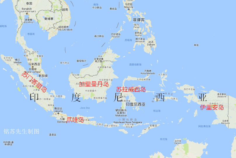 印尼地圖印尼由17508個島嶼組成,在這些島嶼中,加里曼丹島,蘇門答臘島