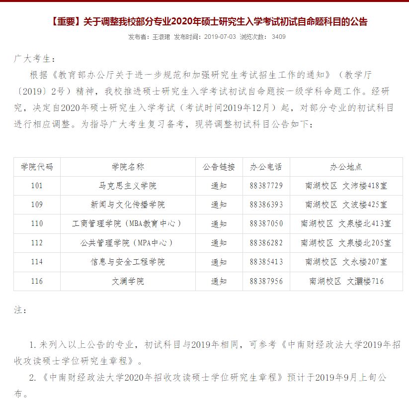 已公布20考研招生目录及考试科目院校汇总，部分变动较大