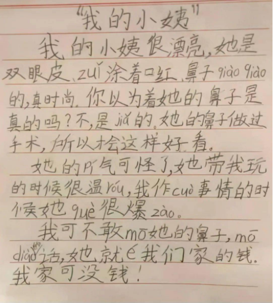 作文《我的小姨》走红，人物描写画面感太强，小姨：鸡毛掸子呢