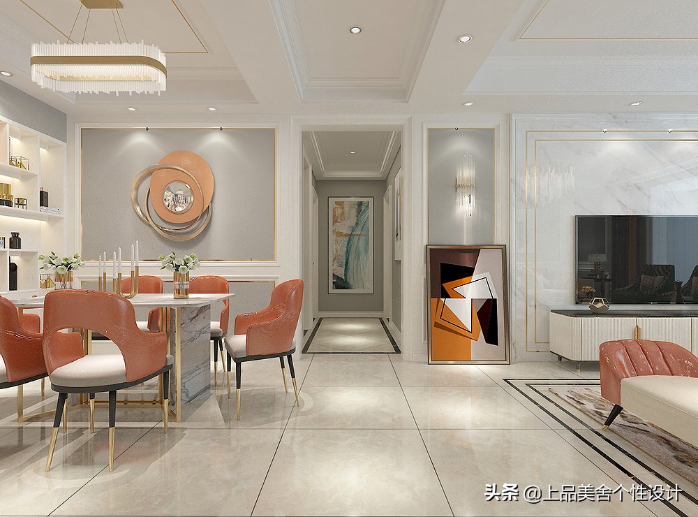 爵士白大理石图片(125平米美式风格，爵士白大理石做背景显大气，温暖舒适的三居室)