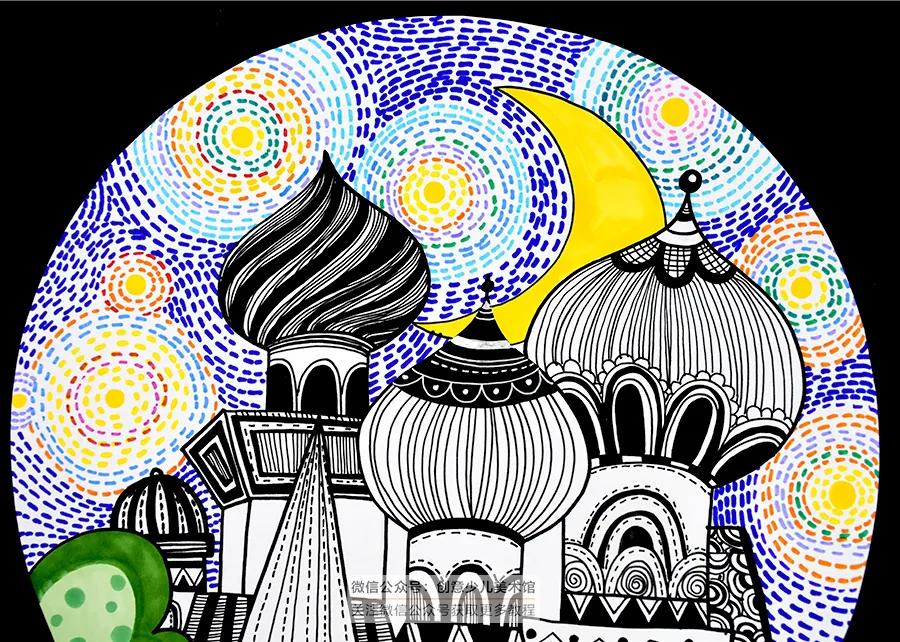 豪华大城堡怎么画(儿童画教程|线描中的局部色彩运用《梦幻星空下的