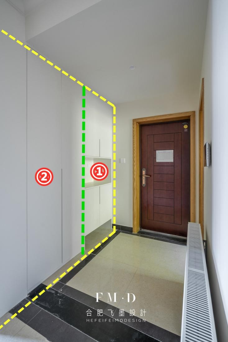长条形或无玄关户型：进门就设“双玄关柜”，内嵌安装，不占一㎡