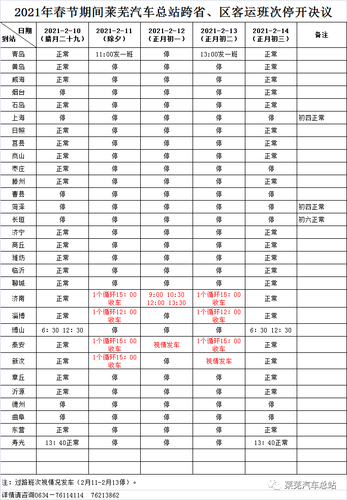 注意！春节期间，莱芜钢城公交、汽车班次调整时间表公布
