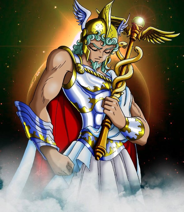 不会游泳,只有绝望地坐在河边哭泣起来,这个时候天神"赫耳墨斯"出现