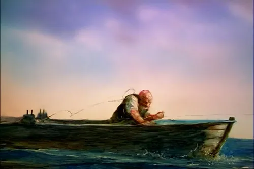 借着微弱的天光,老人理了理他的鱼钩,鱼叉和那张绕在桅杆上的旧帆