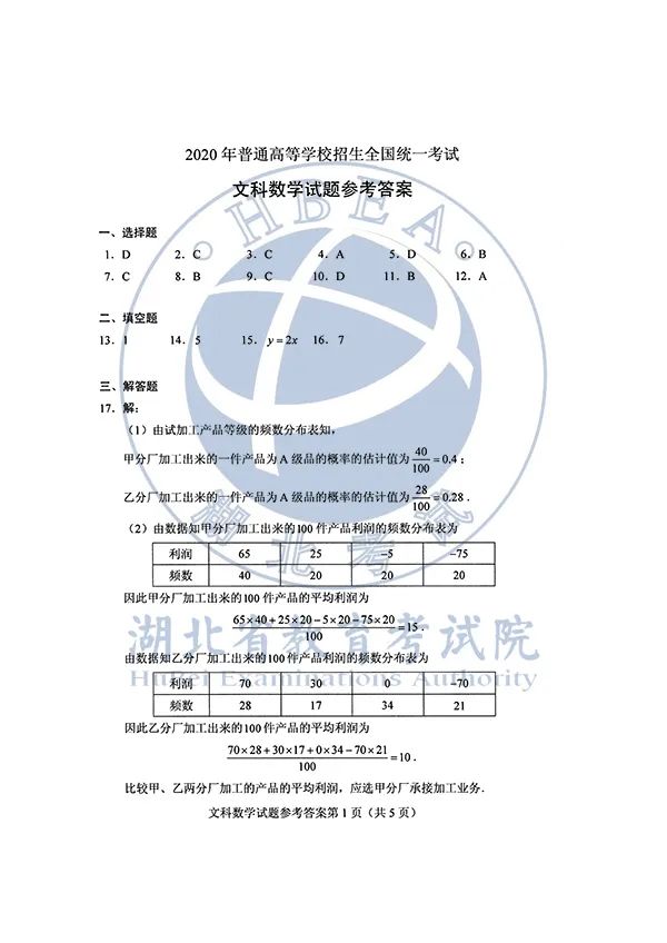 2020湖北高考各科试卷+参考答案出炉