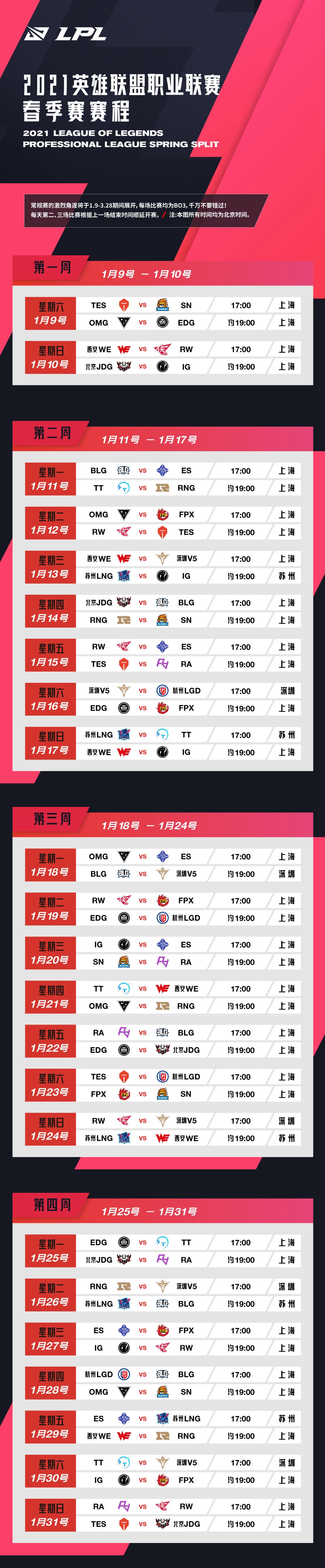 lol赛程表2021(《英雄联盟》2021 LPL 春季赛赛程公布)