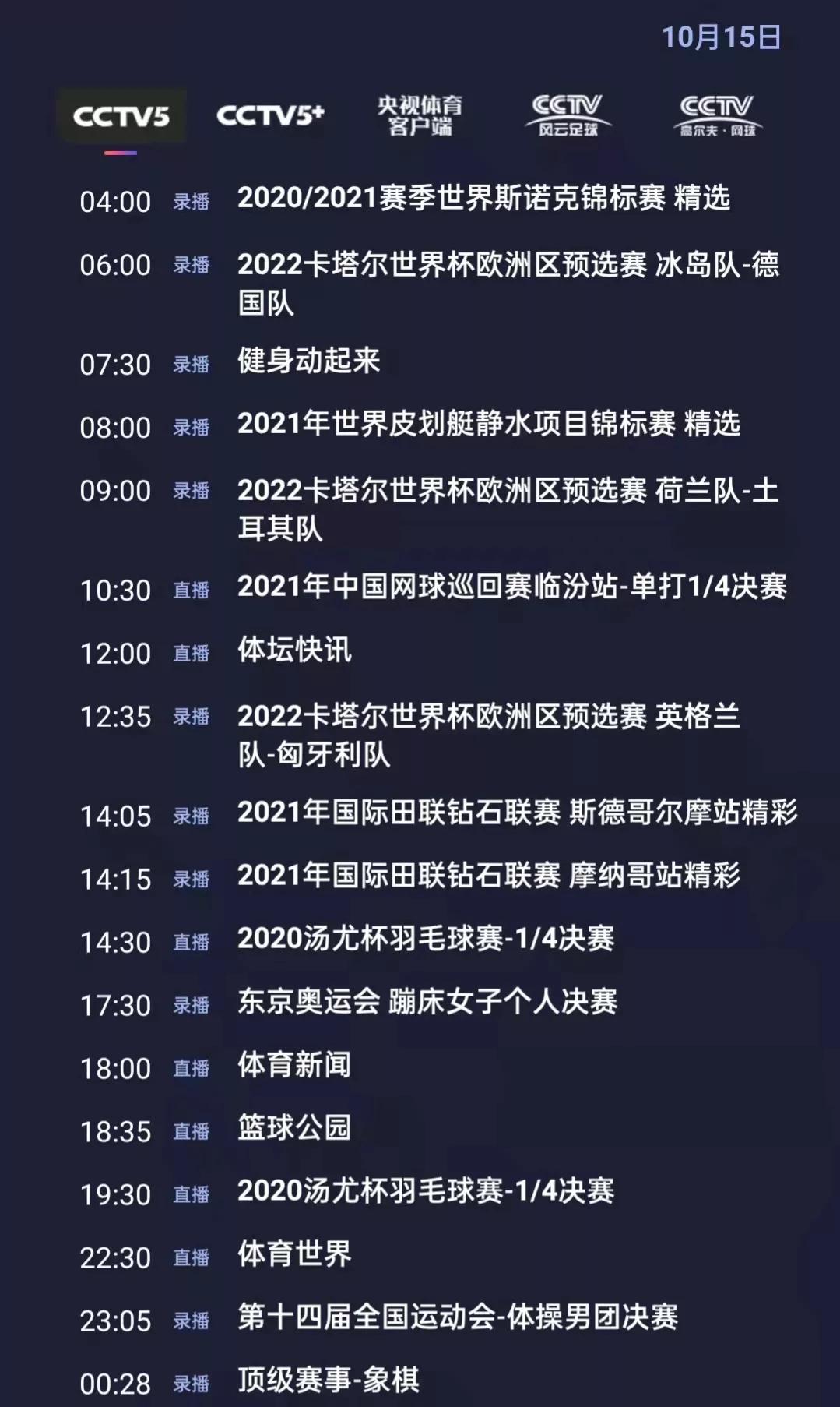 CCTV5今日节目单：晚间01:00尤伯杯羽毛球赛半决赛(中国-泰国)