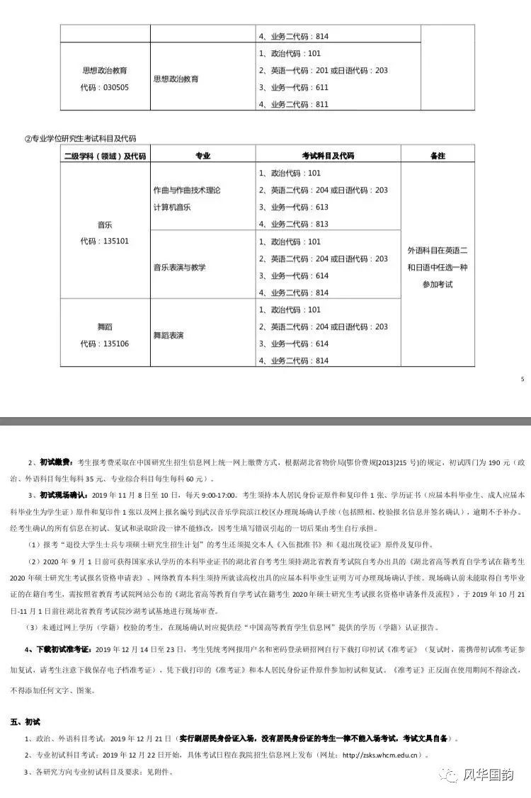 权威丨武汉音乐学院2020年硕士研究生招生简章