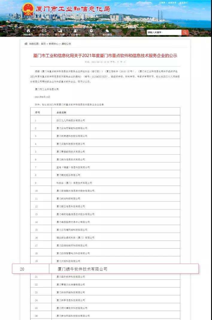 绩牛信息，2021年度厦门市重点软件企业