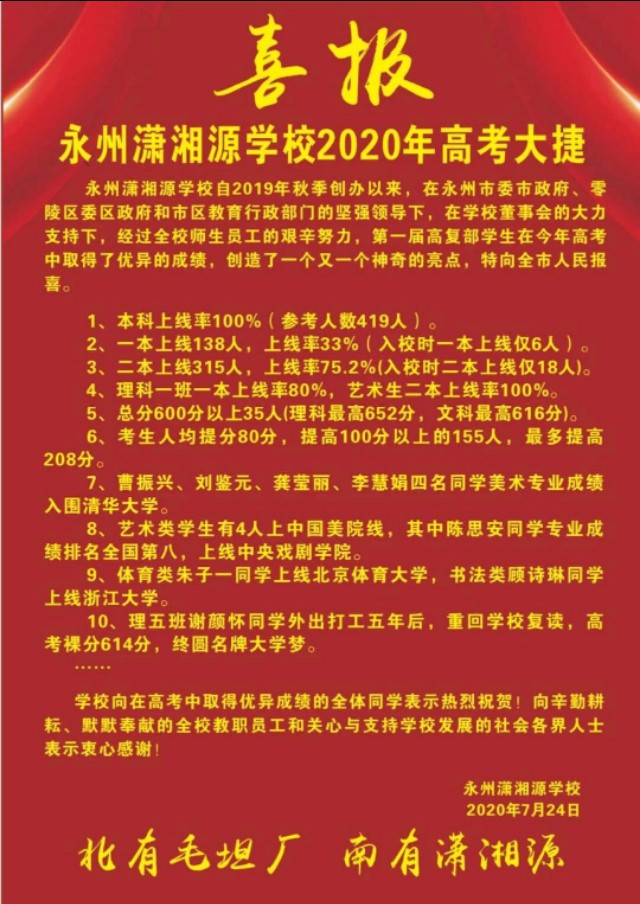 喜讯!2020年永州高考情况汇总（二）