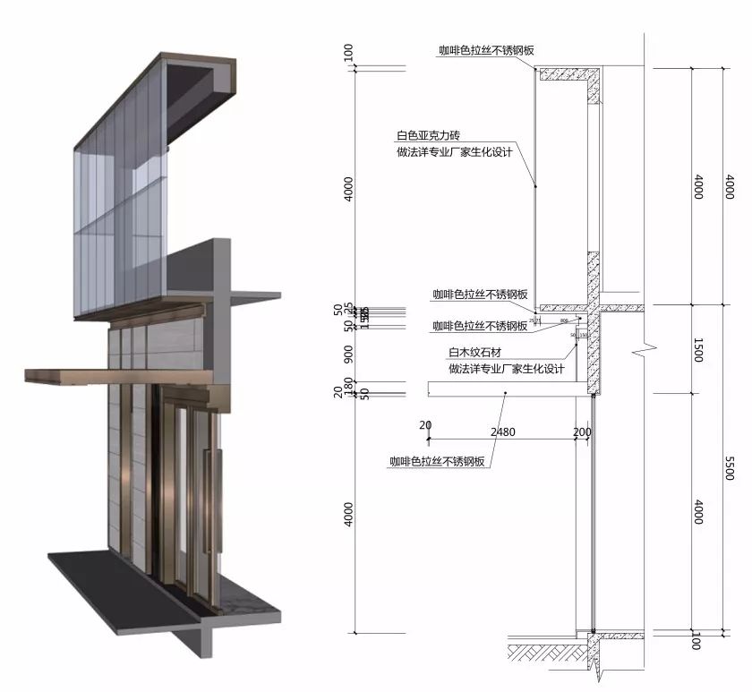 亚克力砖墙节点大样门廊的横向线条与竖向的墙面与建筑立面材料摆黑