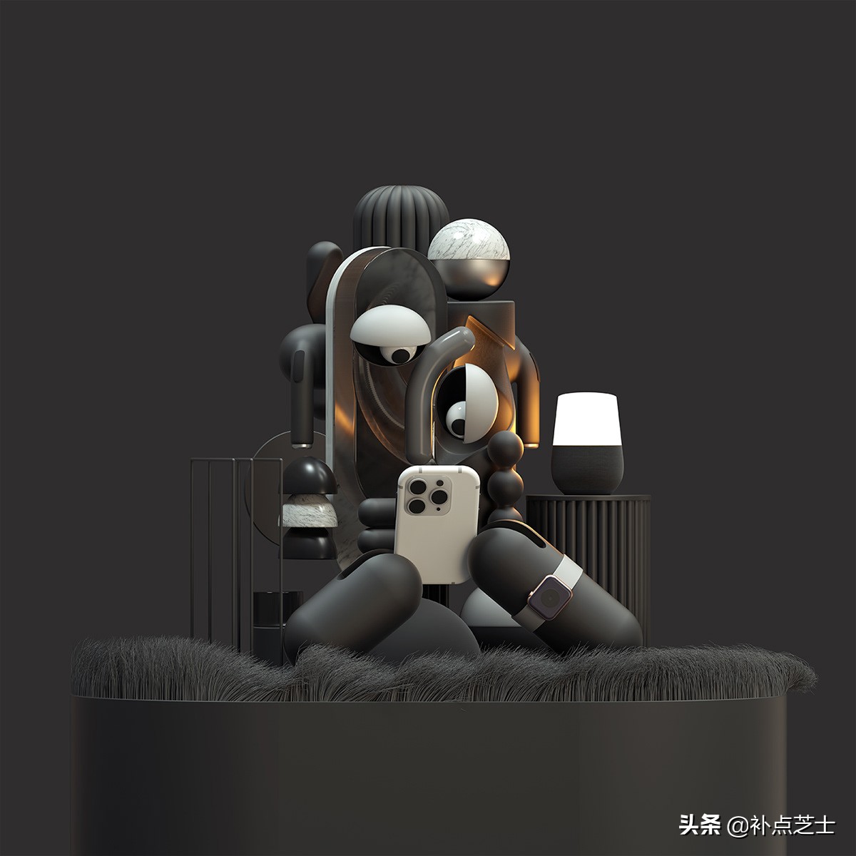 数字渲染拼贴3D物体，艺术家给自己画出了未来派自画像