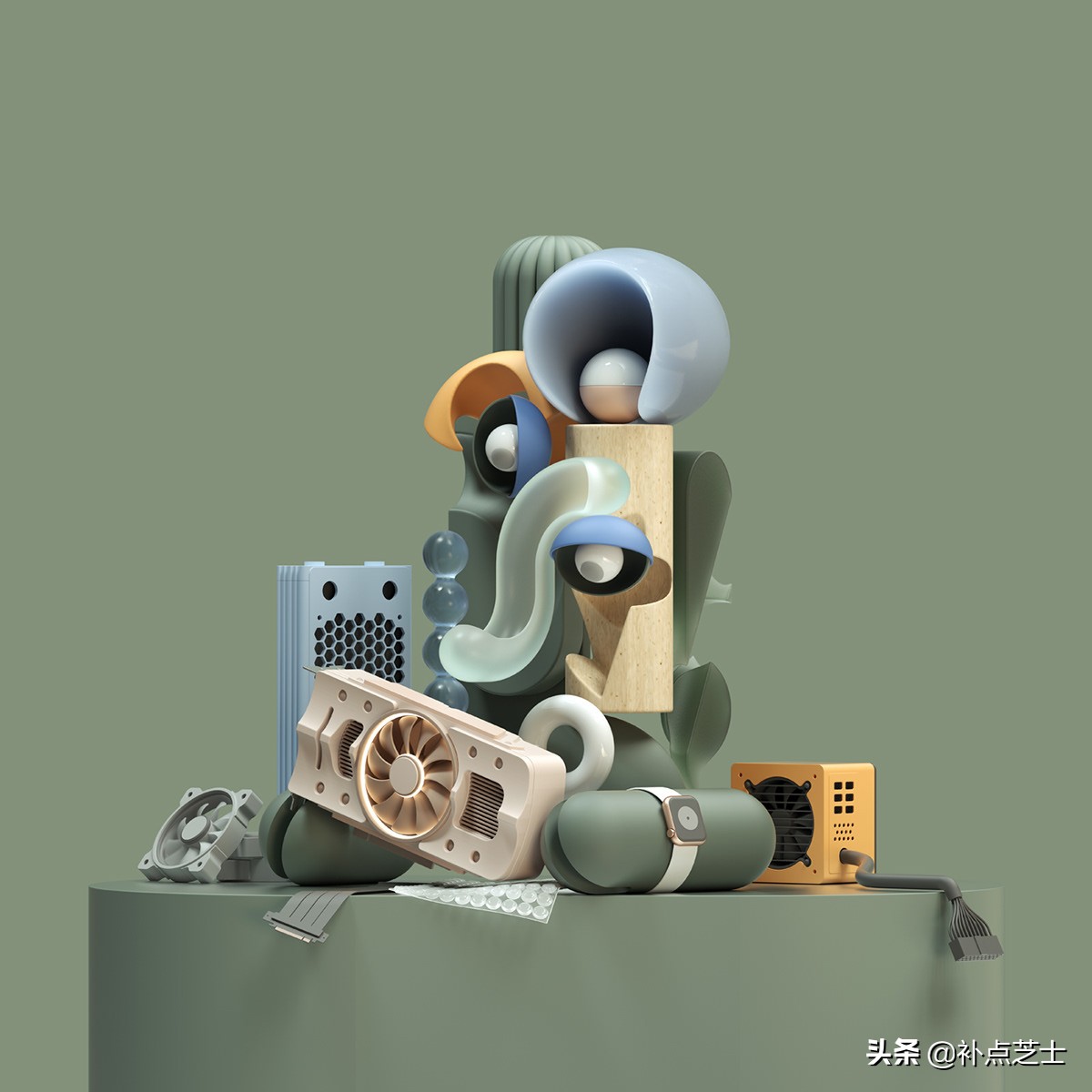 数字渲染拼贴3D物体，艺术家给自己画出了未来派自画像