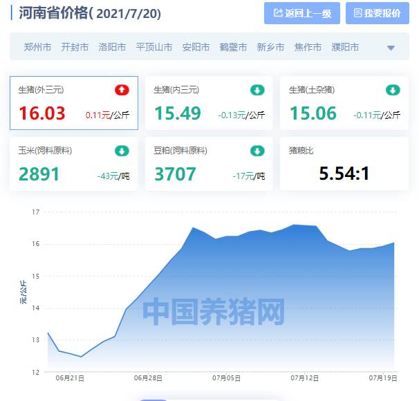 河南省生猪价格涨跌表｜2021年7月20日，外三元涨，玉米下跌43元